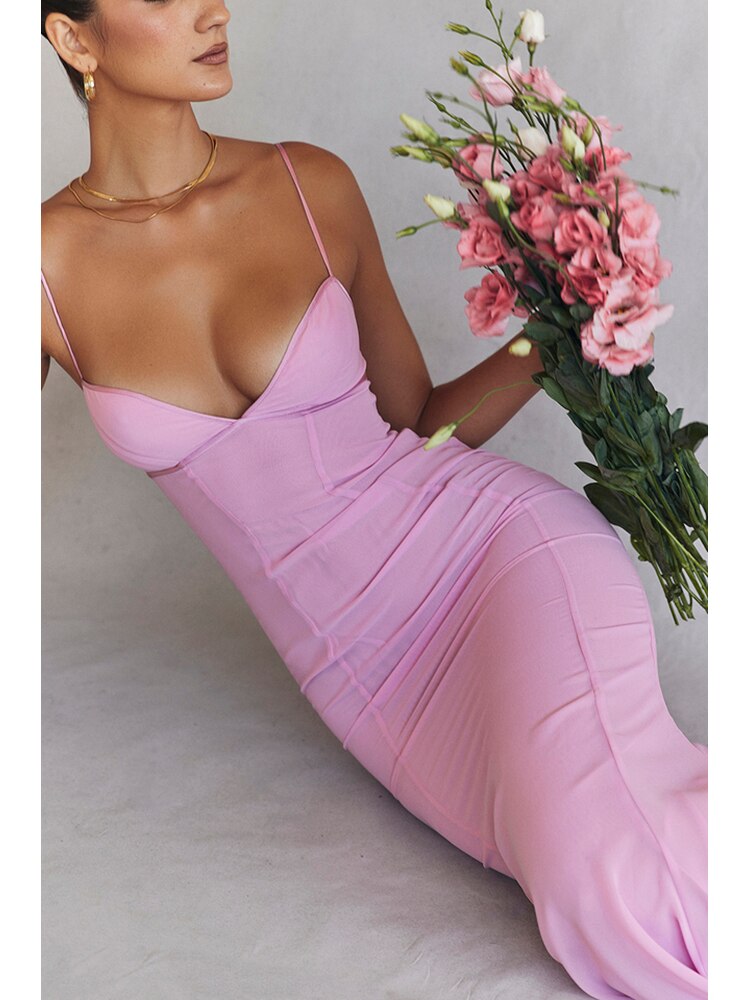 Lizakosht Sexy V Neck Sling Backless Maxi Mermaid Dress Elegant Pink Spaghetti Strap Bodycon Long Dress Mermaid Gown Celebrity Party Dress