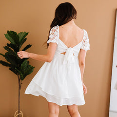 Lizakosht Summer New Women Casual Elegant Solid Color Short Sleeve Lace Lace-Up Dress Lady Sexy Square Neck Backless Slim Fit Skirt