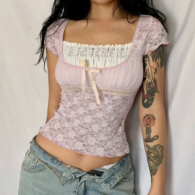 Lizakosht Women's T-Shirt Sweet Girly Pink Lace Splicing Pullover Short Top French Square Neck Tie Slim Fit