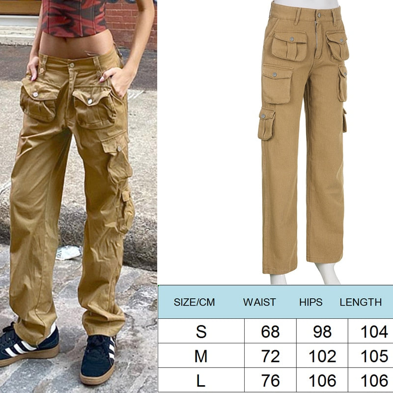 Lizakosht  Vintage Cargo Pants Baggy Jeans Women Casual High Waist Streetwear Pockets Straight Wide Leg Trousers Denim Overalls