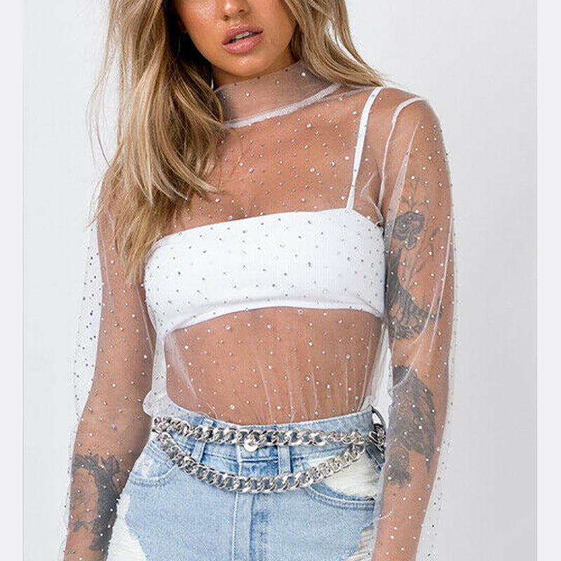 Chunky Dunky Women's Lace Shirt 2022 Summer New Mesh Top with Sequins and Shiny