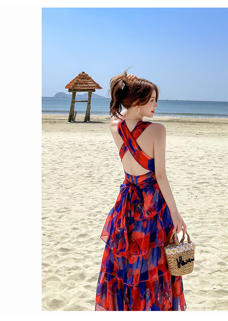 Lizakosht  Summer Backless Beach Long Maxi Dress Vintage Cascading Ruffles Deep V Neck Sexy Floral Print Party Dress Sleeveless Design F242