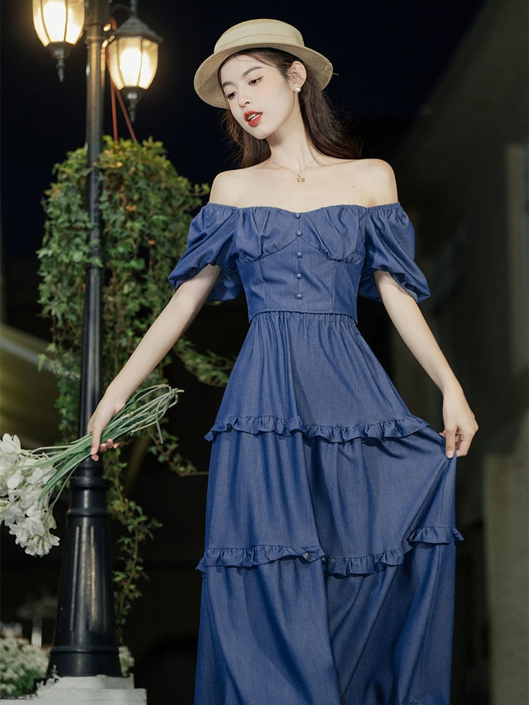 Lizakosht Summer Denim Blue 2 Piece Set Woman Vintage Chic Slash Neck Puff Sleeve Short Design Shirt Tops & Long Midi Skirt Lady Outfits