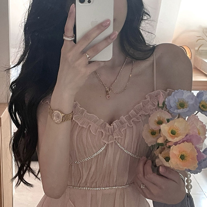 Elegant Strap Sleeveless High Waist Dresses For Women 2022 Summer Pink Sweet Fairy Dress Women Korean Fashion Party Dress