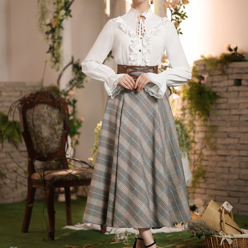 SD Womens Plaid Skirts Vintage Renaissance Corset Waisted Skirt High Waist Buttons Elegant Beach Harajuku Long A-Line Skirt