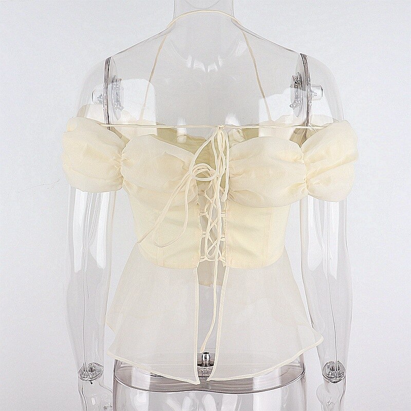 Summer T-Shirt for Women New Fashion Sweet Bow Knot Pile Sleeves Sexy Mesh Back Hollow Tether Hanging Neck Stitching Top Women