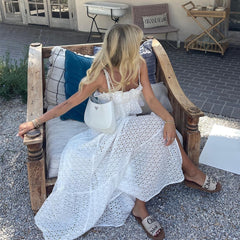 Lizakosht Boho Beach Party Two-Piece Skirt Suits Women White Cutout Matching Sets Spaghetti Straps Ruffles Crop Tops+Long Skirt
