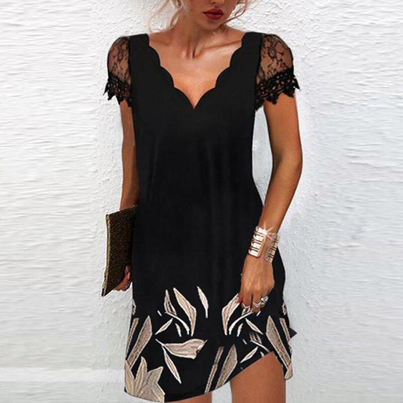 Lizakosht   Women Elegant Dresses Summer V Neck Lace Short Sleeve Dress Sexy Printed Plus Size Female Dresses Black Party Dress Vestidos