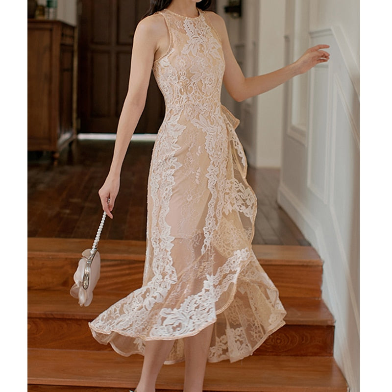 Lizakosht Apricot Lace Dress Women Elegant Diamond Ruffle Sleeveless Evening Bodycon Dress Vintage Flower Asymmetry Party Vestido Summer
