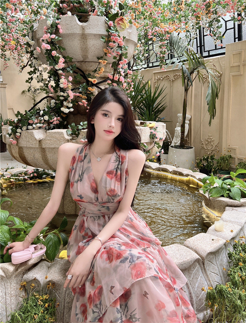 Lizakosht  Summer Backless Beach Long Maxi Dress Vintage Cascading Ruffles Deep V Neck Sexy Floral Print Party Dress Sleeveless Design F242