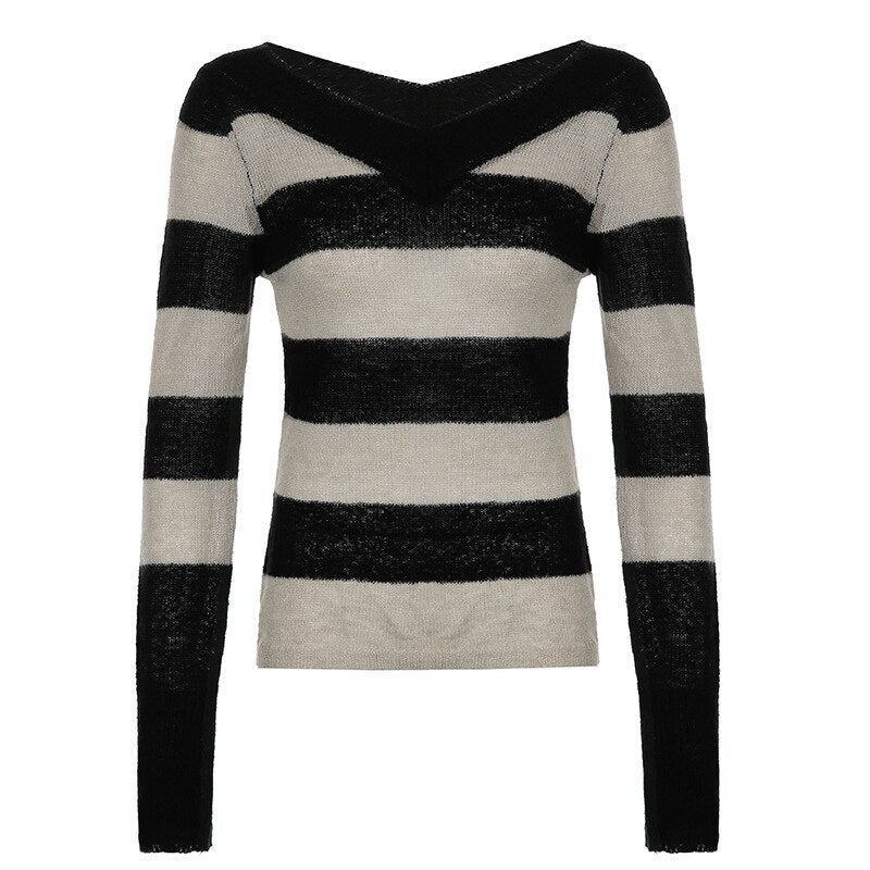 Knitted Stripe Sweater Women Vintage V Neck Long Sleeve Sweatshirts Tops Female Spring Loose Cute Preppy T Shirt Pullover