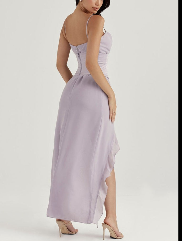 Lizakosht Summer Women'S Dress One-line Suspender Sleeveless Off-the-shoulder Dress Sexy Backless Irregular Ruffled Purple Slim Dresses
