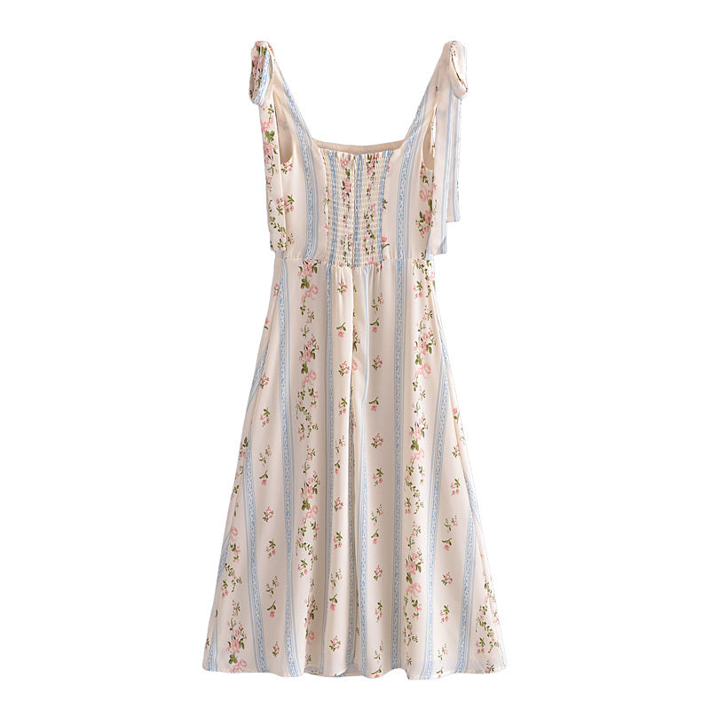 Lizakosht  Spring Summer French Style Print Midi Dress Lace Up Strapy Beige Floral Vintage Slip Dress Boho Women New Sundress Sleeveless