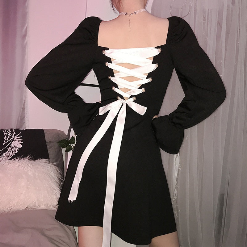 Lizakosht Retro Square Collar Ruffle Lace Up Autumn Winter Long Sleeve Women Dresses Mujer Vestido