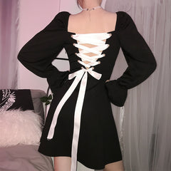 Lizakosht Retro Square Collar Ruffle Lace Up Autumn Winter Long Sleeve Women Dresses Mujer Vestido