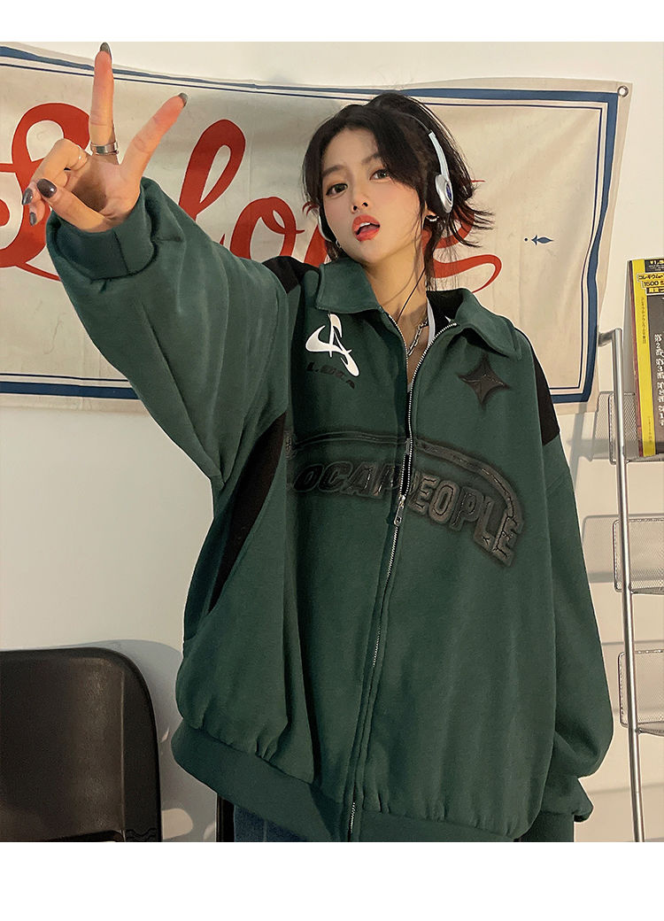 Letter Print Zipper Jacket Women American Retro Street Hip Hop Jackets For Women Oversized Korean Casual Trend Y2K Coat Women