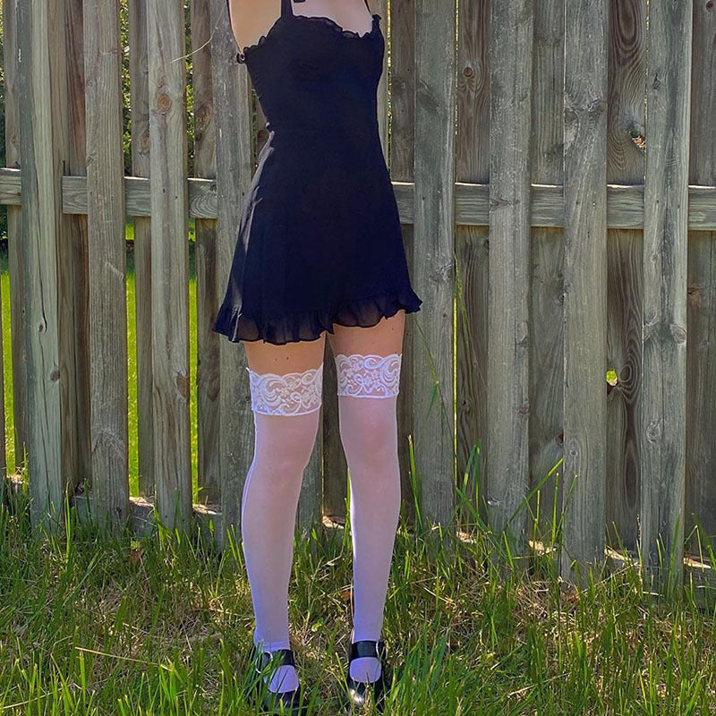 Lizakosht  Ruffled Lace Suspender Skirt Temperament Short Skirt Hepburn Sexy Personality Black
