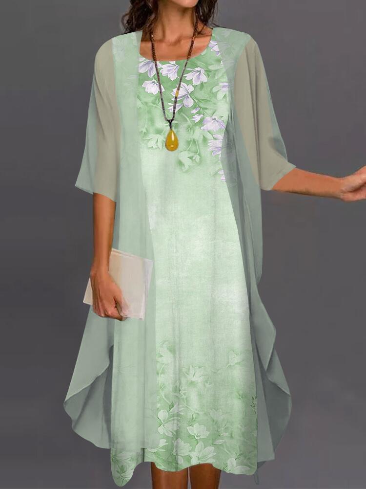 Spring Summer Women Sleeveless Dress Chiffon Irregular Coat Two Piece Set 2022 Lace Printed A-LINE O-Neck Casual Dresses
