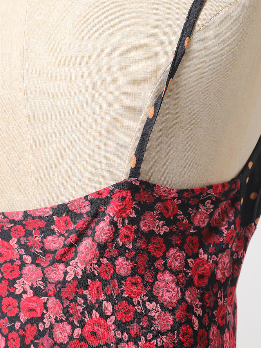 Spaghetti Strap Midi Dress Summer Ladies Rose Floral Print Tie Belt Sleeveless Long Dresses Female Elegant Vintage Robes Holiday