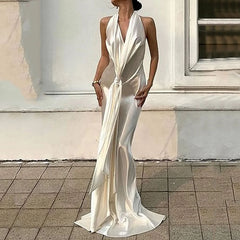 Lizakosht Women Maxi Dress Fashion Elegant Solid V Neck Sleeveless Nipped Waist Pleated Evening Party Dresses High Streetwear