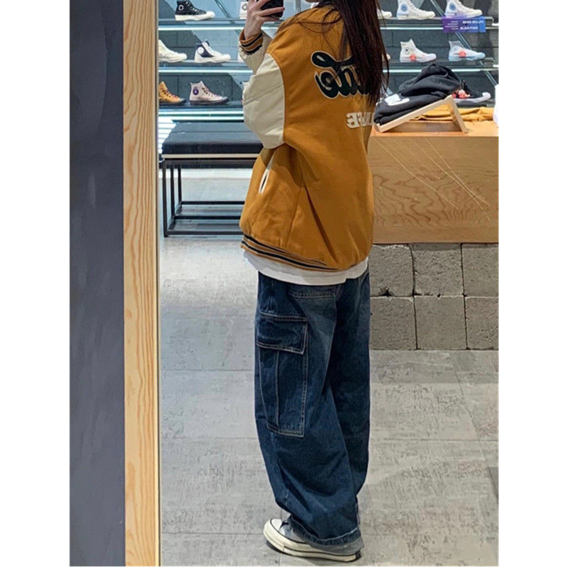 Dark Blue vintage cargo Jeans Women's 2022 Spring y2k Streetwear Loose high waisted jeans Straight Wide Leg cargo  Jeans Women's