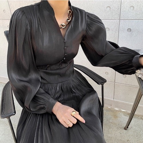 Solid Autumn Elegant High Waist 2022 Maxi Dress for Women Luxury A-Line Vintage Woman Dresses Long Sleeve Spring Party Vestidos