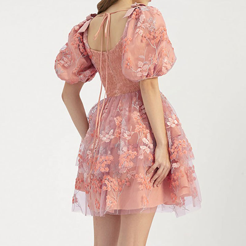 Lizakosht  Pink Sequin Embroidery Dress Women Summer Vacation Mini Bodycon Dress Puff Sleeve Square Neck Vintage Vestido