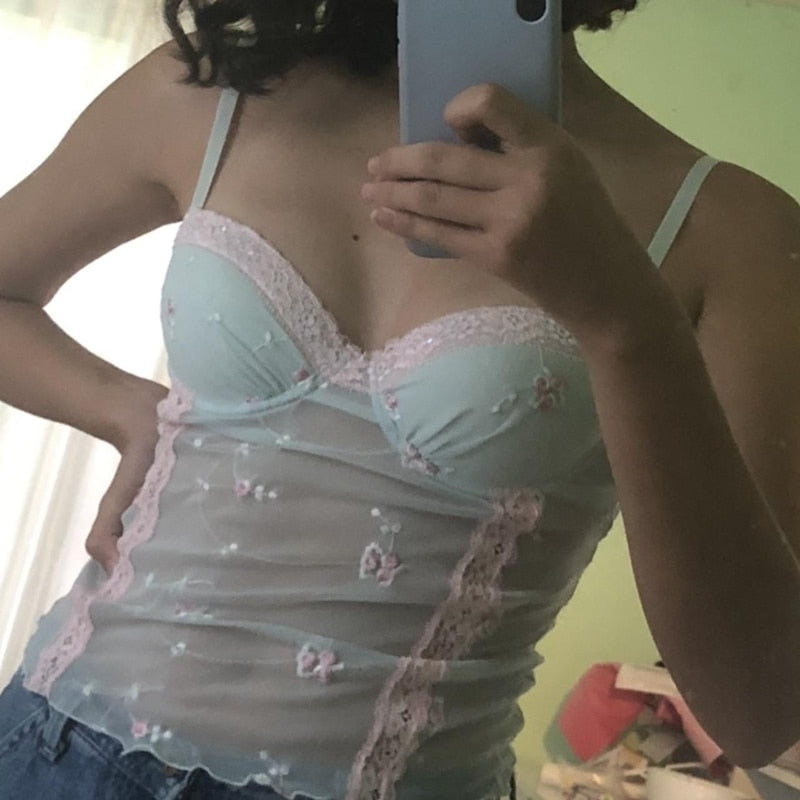Lizakosht Floral Mesh See Through Corset Tops Fairycore Aesthetics Backless Hook Button Camis 2000s Y2K Retro Cute Crop Tops Women Vest