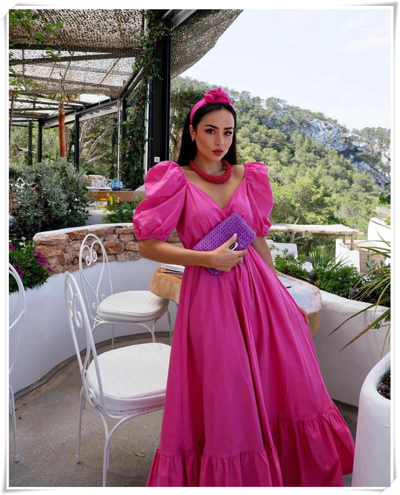 New Summer Women'S Dresses One Word Neck Bubble Short Sleeve Sexy Open Back Solid Color Dress Simple Pastoral Pink Tight Dress