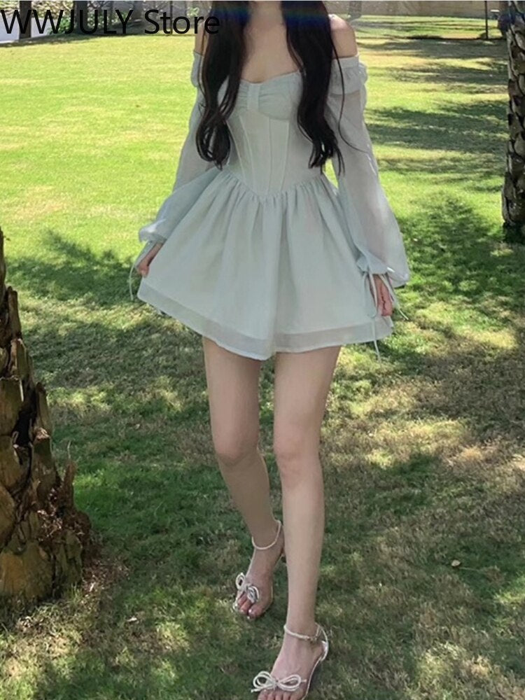 Lizakosht  Summer Pure Color Short Party Dress Woman Long Sleeve Sweet Y2k Mini Dress Casual Elegant One Piece Dress Korean Design