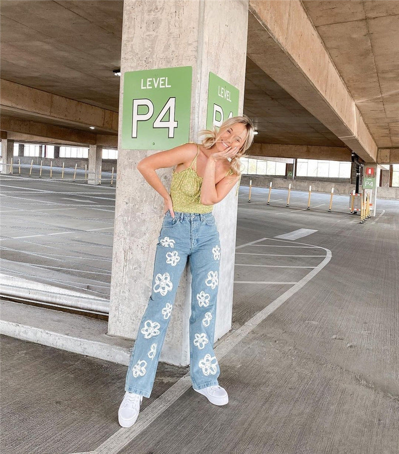 Retro Flower Fashion New Print Graffiti High Waist Jeans Women Casual Straight Jeans Y2k Baggy Wide Leg JeansWomen's Clothing