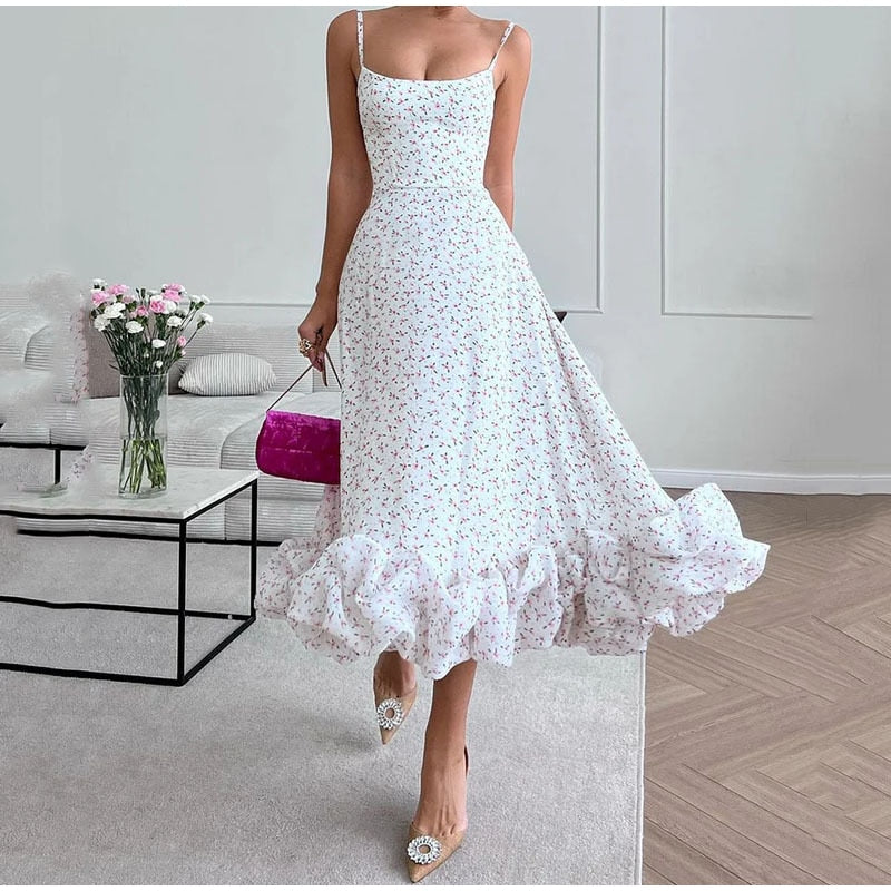 Lizakosht Printed Ruffles Suspended Dress Women Fashion Sleeveless Backless Flower A-line Dresses Summer Female Elegant Robes