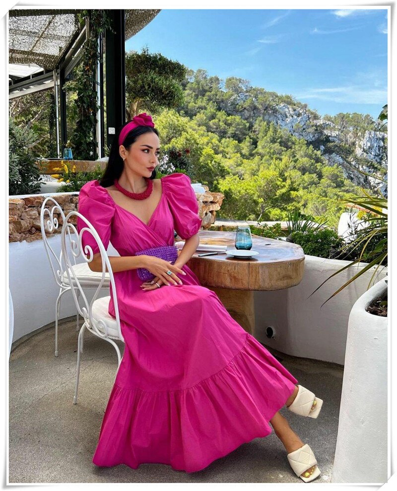 New Summer Women'S Dresses One Word Neck Bubble Short Sleeve Sexy Open Back Solid Color Dress Simple Pastoral Pink Tight Dress