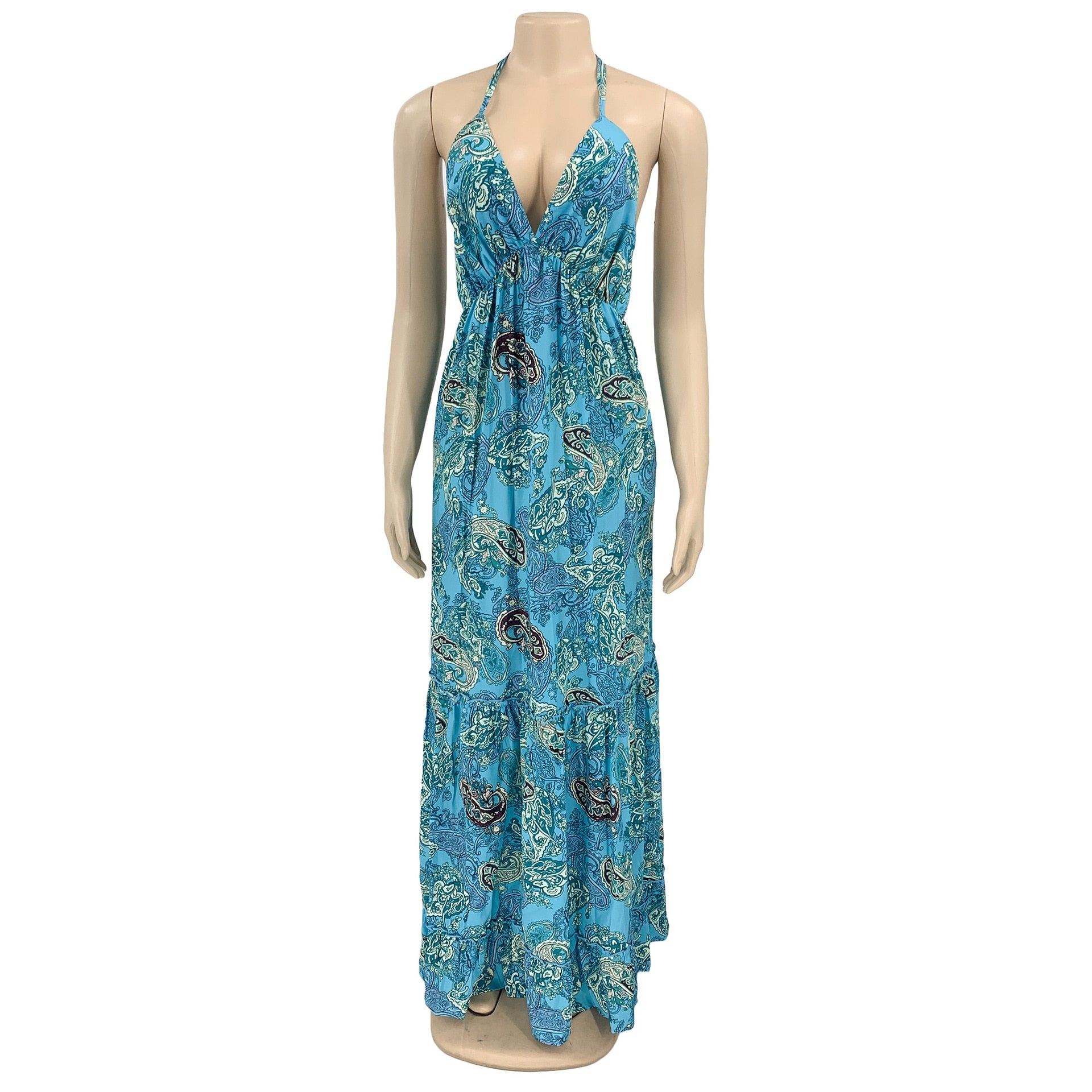 Lizakosht Hot Bohemian Chiffon Retro Print Holiday Sexy Young Fashion Halter Backless Off Shoulder Women Long Loose Dress
