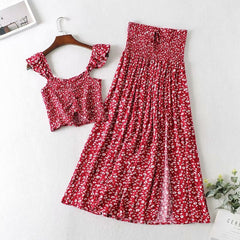 Lizakosht Women Two Piece Outfits Off Shoulder Sleeveless Tops Bohemian Maxi Skirts 2 Pieces Suit Boho Sets