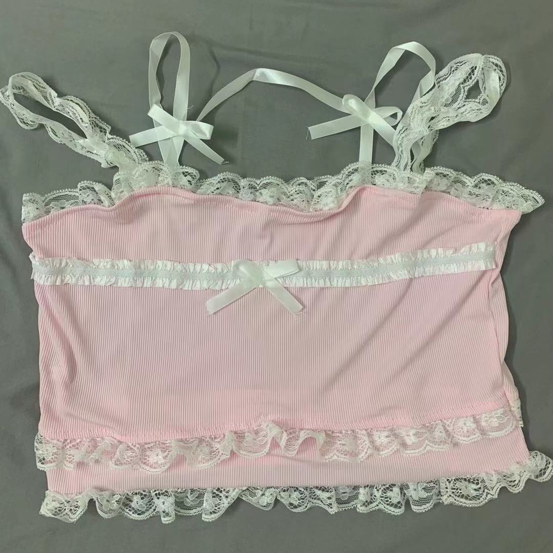 Pink Japanese Kawaii Lolita Crop Top Women White Korean College Style Sweet Tank Top Bow Lace France Princess Vset Female 2022