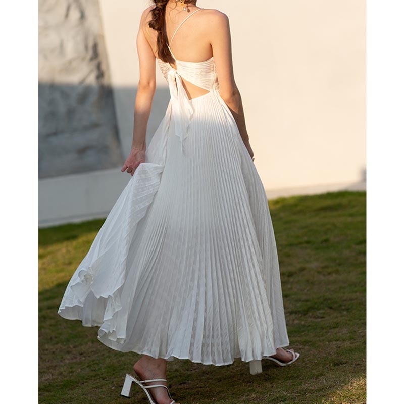 Lizakosht White Elegant Maxi Dress Bodycon Women Sleeveless Deep V Neck Sexy Vestido Party Spaghetti Summer Vacation Pleated Clothing