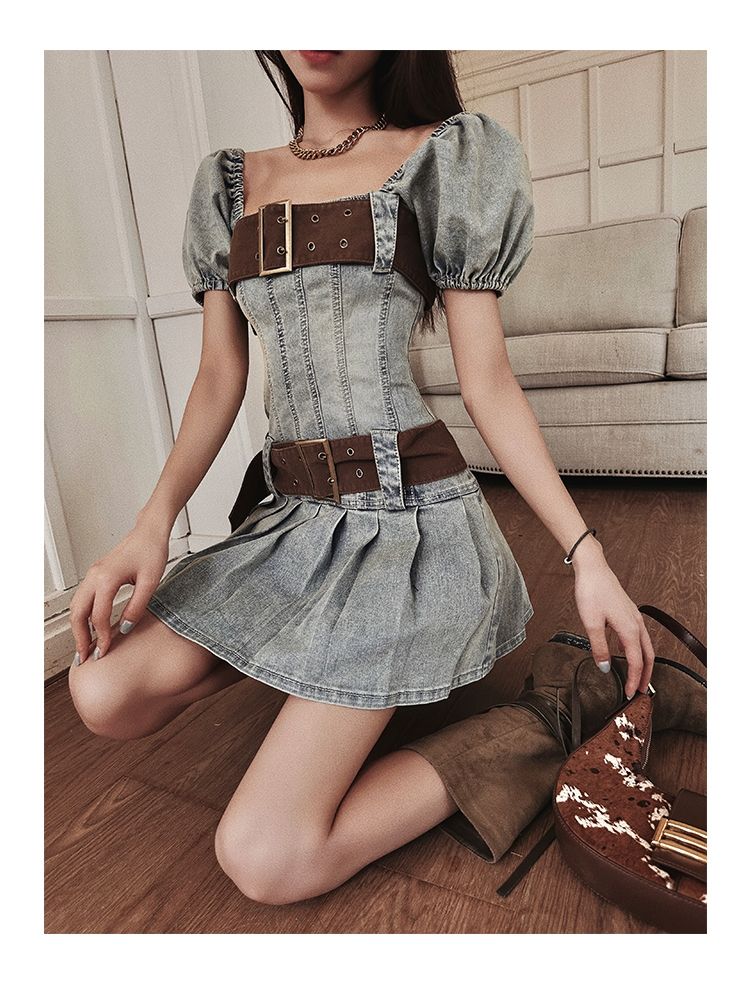 Lizakosht Sexy Y2k Dress Denim Women Streetwear Chic Bodycon Summer Mini Dresses Pleated Square Collar Puff Sleeve Party Robe