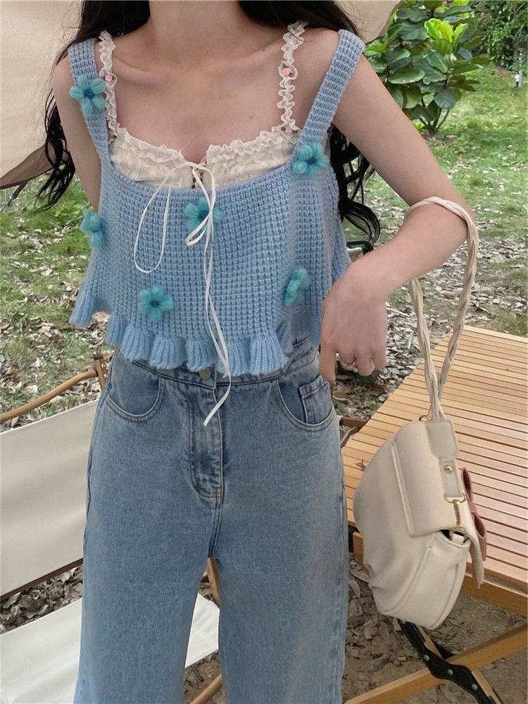 Japanese Kawaii Sweet Tank Top Women Blue Floral France Elegant Cute Tanks Female Casual Korean College Style Vset Summer 2022