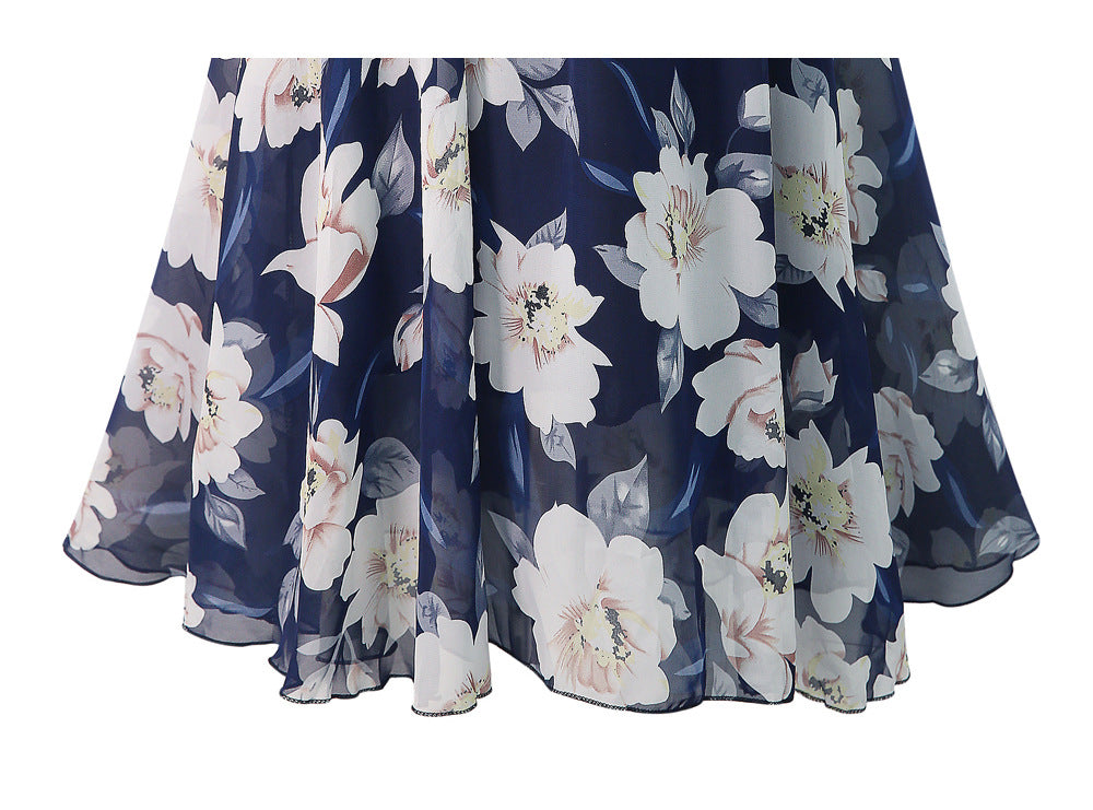 Summer Women Flower Printing High Waist Skirt Chiffon With Belt Ladies Vintage Elegant Skirts Pleated