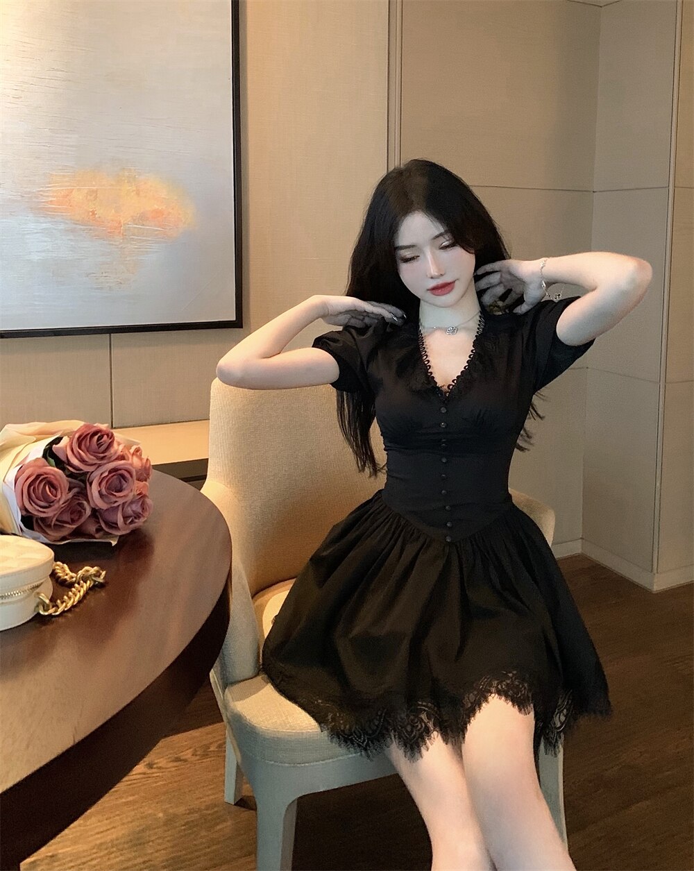 V-neck Lace Princess Dress Sexy Women's Summer Mini Dress 2022 Black High Waist  Slim Puffy Short Sleeve Party Dress Robe Femme
