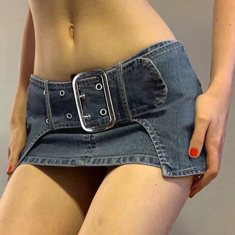Lizakosht Ultra Extreme Mini Denim Skirt Micro Low Waist Y2K Microskirt Short Jeans Skirts Belt A-line Harajuku Punk Korean Style