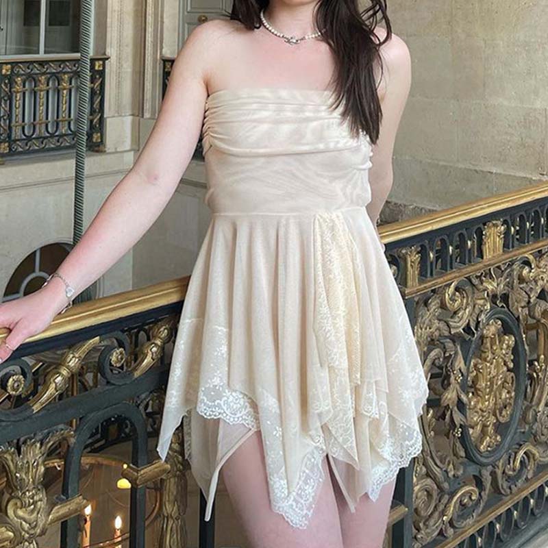 Lizakosht  Y2k Fairy Core Nude Mesh Tube Irregular Hem Mini Dresses for Women Party Wear Summer Sexy Lace Strapless Cocktail Dress