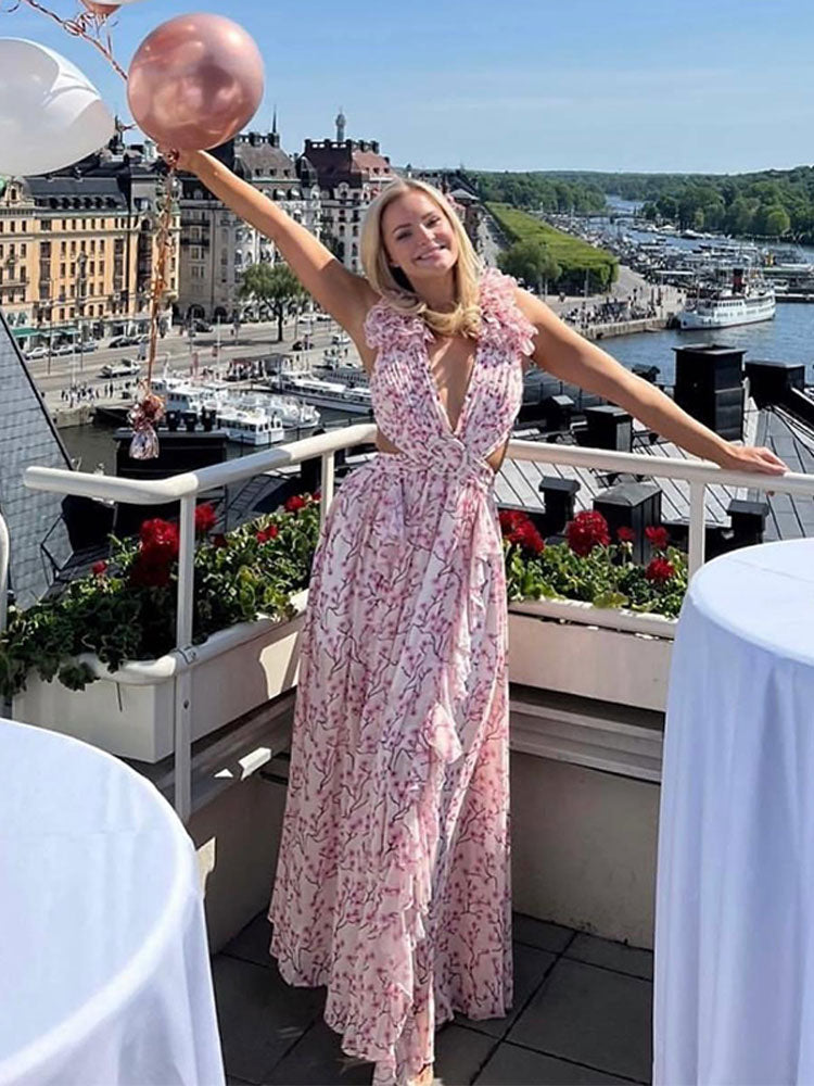 Lizakosht Printed Deep V Backless Ruffle Floral Dress Women Sleeveless Hollow Out Slim Fit Robes Summer Female Vacation Beach vestido