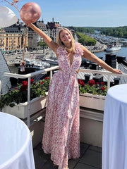 Lizakosht Printed Deep V Backless Ruffle Floral Dress Women Sleeveless Hollow Out Slim Fit Robes Summer Female Vacation Beach vestido