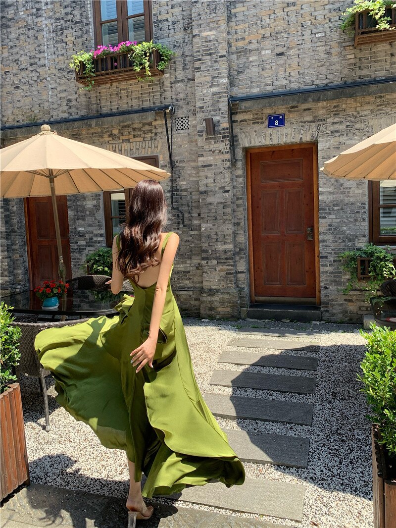 Lizakosht Imitation Acetate Satin Suspender Dress Long Dress Summer Mermaid Tail Large Hem Ruffled Holiday Dress