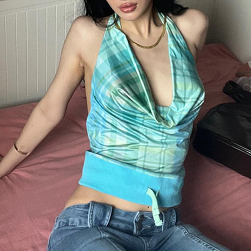 Lizakosht Plaid Halter Crop Tops Female Sleeveless Drawstring Patchwork Vest for Women Hotsweet Style Fashion 2023 Summer New