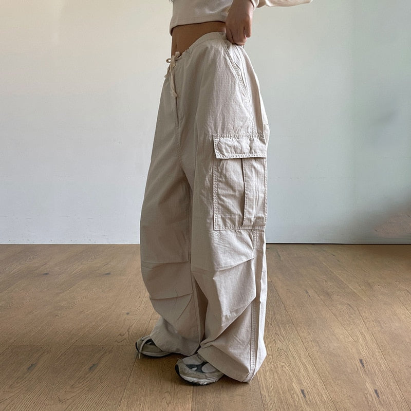 Lizakosht Ladies Harajuku Baggy Drawstring Pockets Cargo Pants Women Letter Embroidery Low Waist Casual Straight Trousers