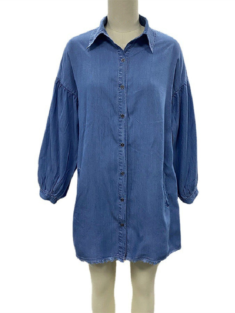 Lizakosht Light Blue Denim Shirt Dress Sexy Button Long Sleeve Mini Dresses Summer Clothes Women Beach Wear Swim Suit Cover Up A1185
