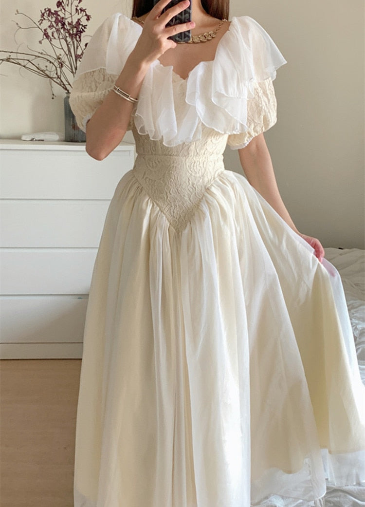 Summer Romantic Fairy Dress Woman Chic Vintage Lace Puff Sleeve Ruffles V-Neck Soft Princess Dresses Party Night Vestido Festa